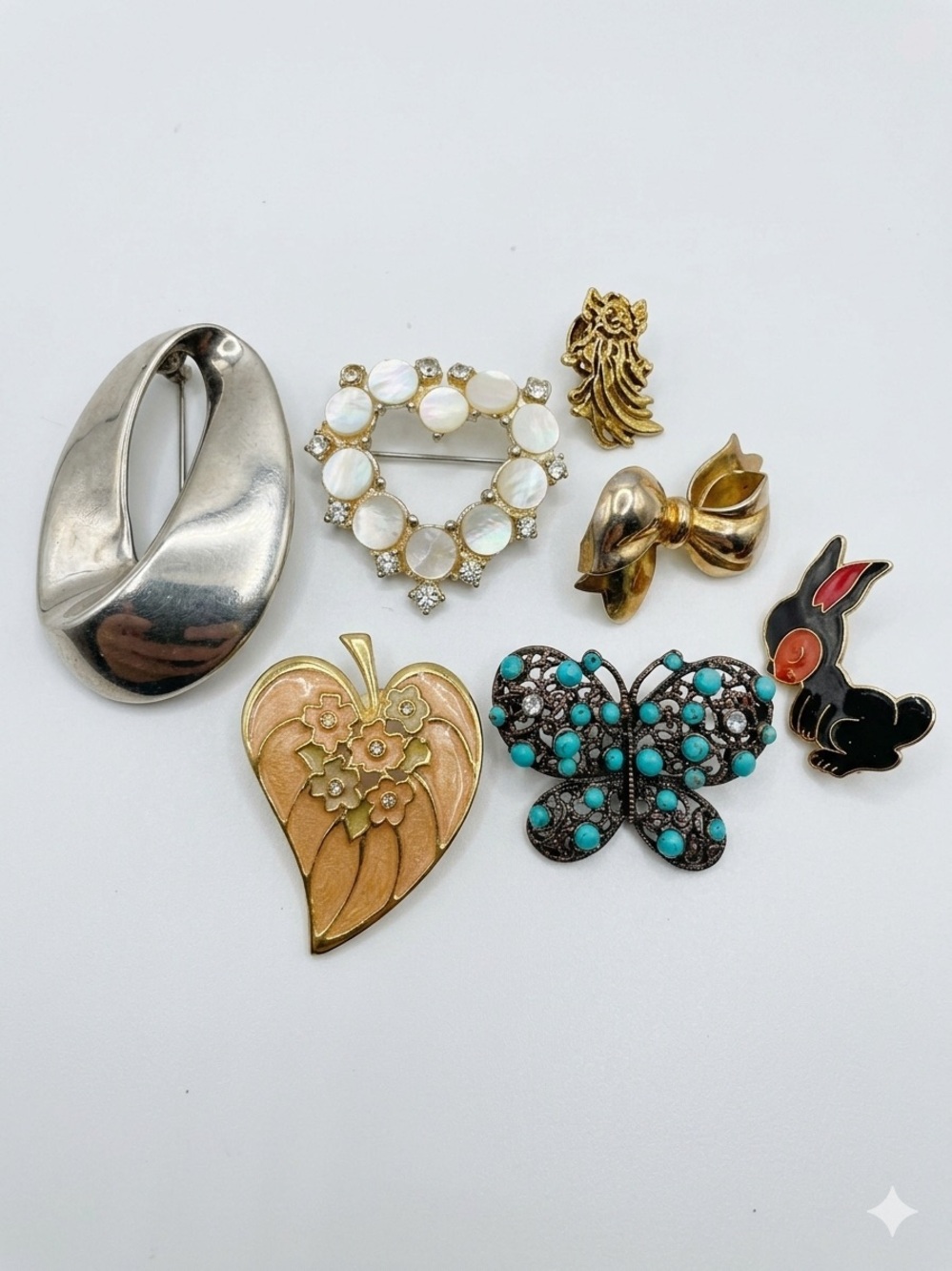 Vintage Women's Vintage Brooch Set in Gold, Silver, Turquoise